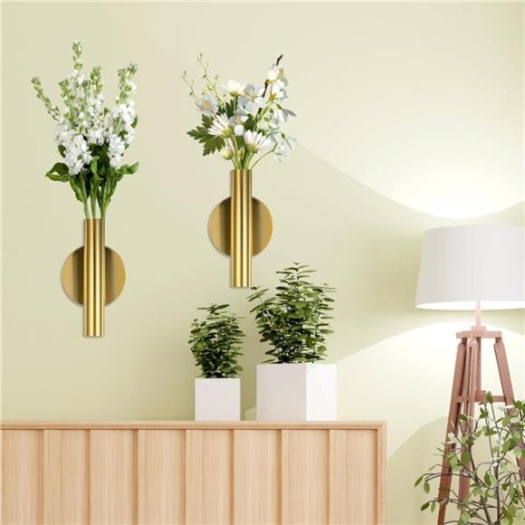NEW 2 PCS Wall Vases for Flowers, Gold Flower Vase Metal Hanging Plant Holder - Picture 7 of 8